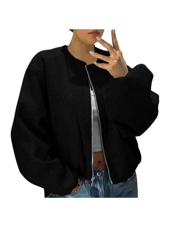 Cropped Jackets Women Zip up Wool Blend Oversized Long Sleeve Crewneck Coat Plus Size Outwear with Pockets L