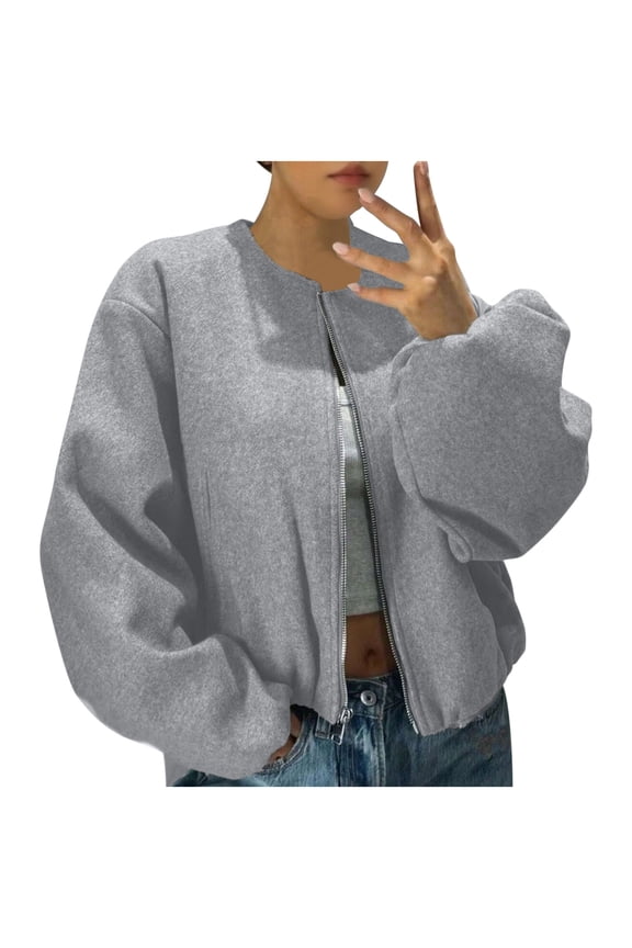 Cropped Jackets Women Zip up Wool Blend Oversized Long Sleeve Crewneck Coat Plus Size Outwear with Pockets M