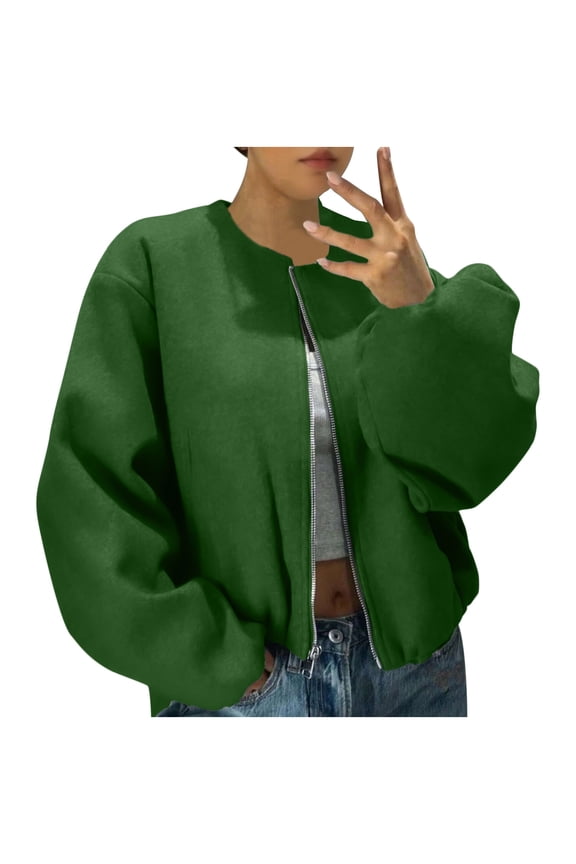 Cropped Jackets Women Zip up Wool Blend Oversized Long Sleeve Crewneck Coat Plus Size Outwear with Pockets