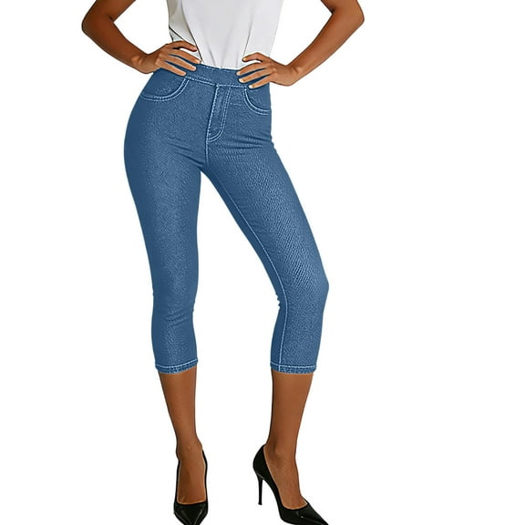 successthop Denim Leggings for Women Casual Plus Size Gym Capri with Pockets Strecth Pants Solid Trousers Blue 3XL