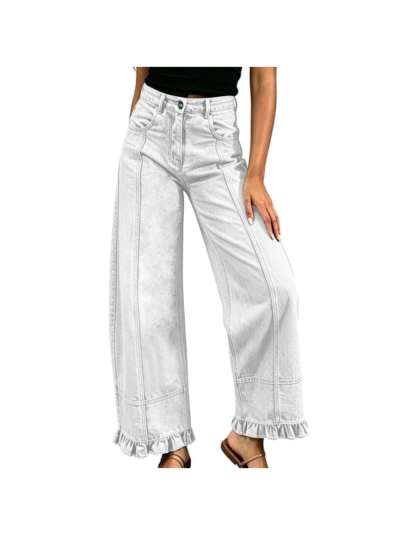 Denim Pants for Women High Waisted Pants Bottoms Plus Size Ruffle Hem Pleated Casual Clothes with Pockets