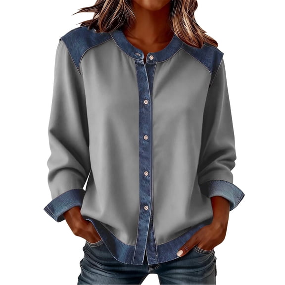 successthop Denim Patchwork Jacket Women Casual Button Up Crewneck Outfits Long Sleeve Clothes Panel Festival Outwear S