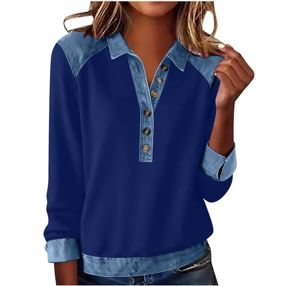 successthop Denim Patchwork Sweatshirts Women Casual Button Collar Outfits Long Sleeve Clothes Panel Pullover Tops Blue