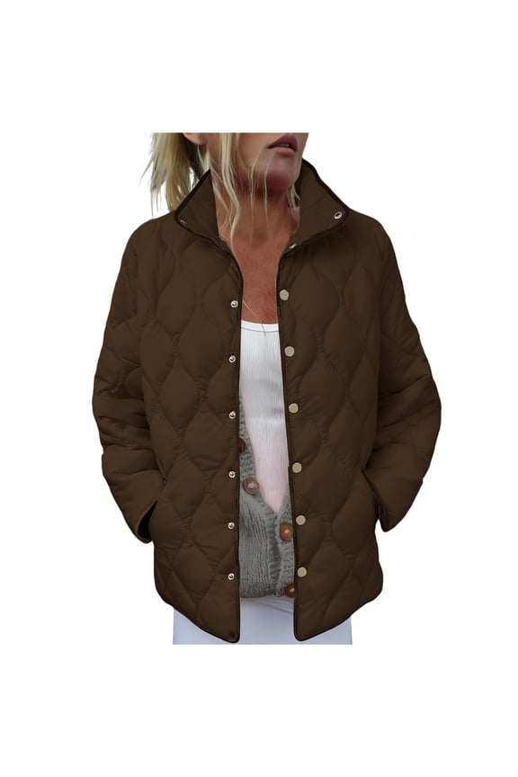 Down Jacket Lightweight Women Quilted Coat with Pockets Snap Long Sleeve Outwear Solid Winter Clothes Brown