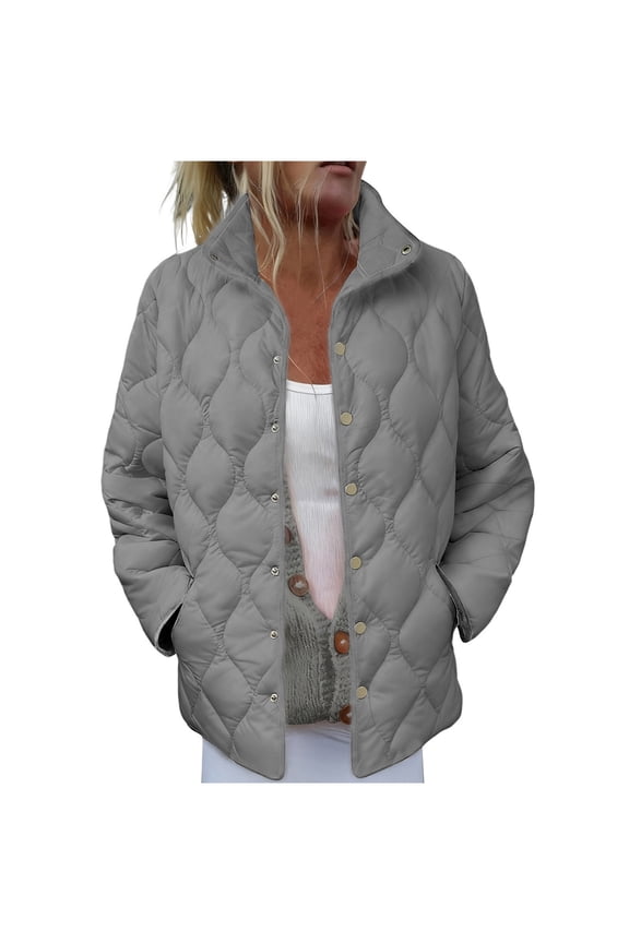 Down Jacket Lightweight Women Quilted Coat with Pockets Snap Long Sleeve Outwear Solid Winter Clothes Gray L