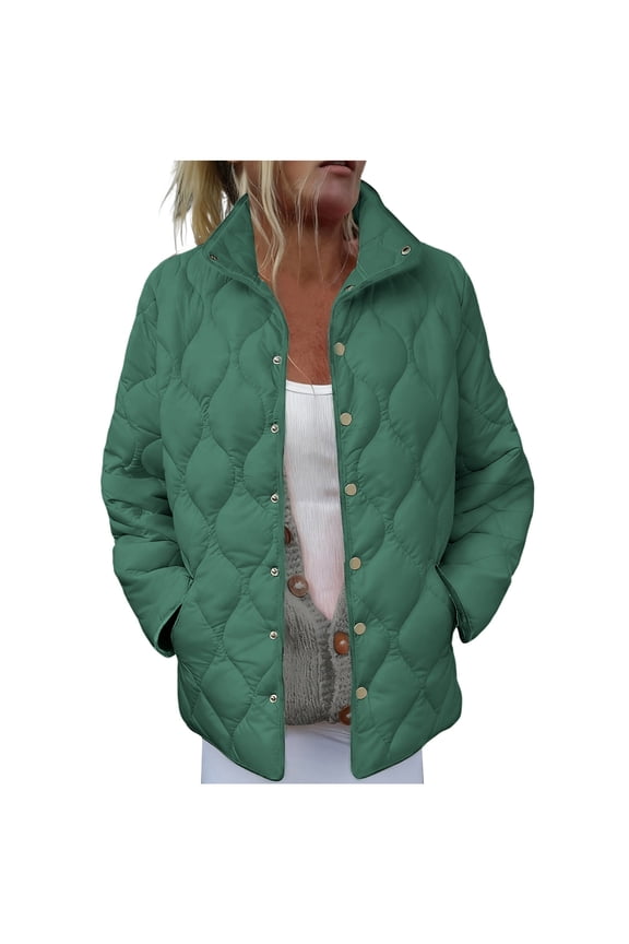 Down Jacket Lightweight Women Quilted Coat with Pockets Snap Long Sleeve Outwear Solid Winter Clothes Green