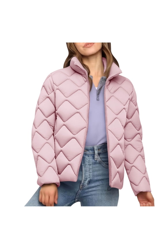 Down Jacket Women Casual Quilted Thick Coat Zip Up Cold Weather Long Sleeve Outwear Solid Winter Clothes Pink