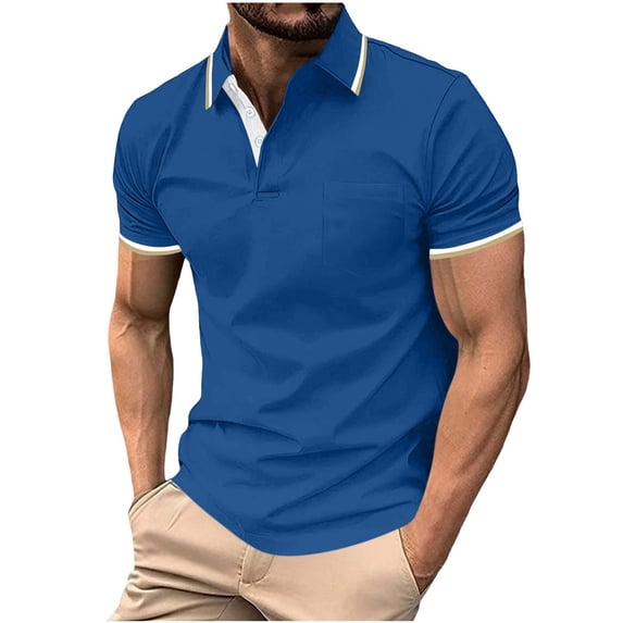successthop Dress Shirts for Men Short Sleeve Shirts with Pocket Button Up Collar Tops Color Block Casual Button Blue XL