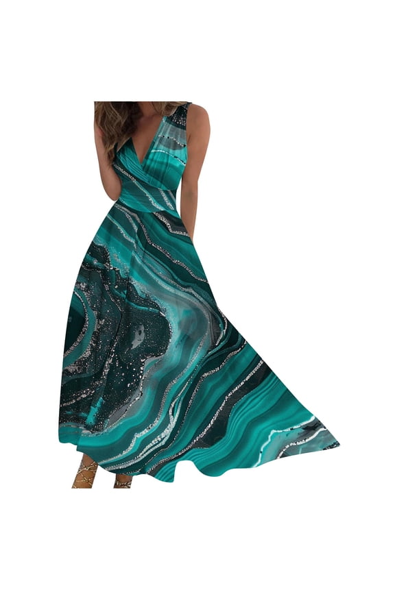 Dresses for Women Plus Size Summer Print Wrap Sleeveless Ladies Dressy V Neck Vacation Slim Spring Dress L