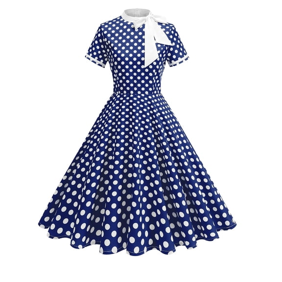 successthop Dresses with Polka Dots Women Vintage Short Sleeve Ladies A Line Flare Cute Mock Neck Slim Bow Dress Blue XL