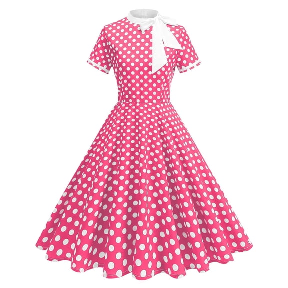 successthop Dresses with Polka Dots Women Vintage Short Sleeve Ladies A Line Flare Cute Mock Neck Slim Bow Dress Pink S