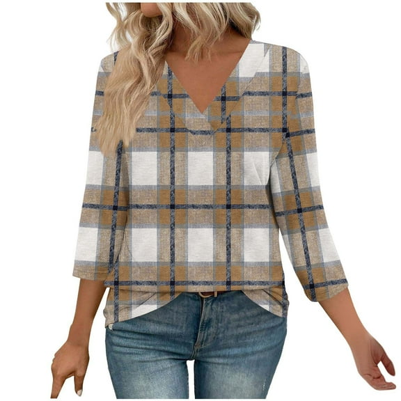 successthop Dressy Blouses for Women 3/4 Sleeve Casual Oversized V Neck Outfits Lightweight Shirts Plaid Pullover Tops