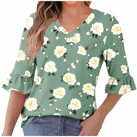 successthop Dressy Blouses for Women 3/4 Sleeves Clothes Lightweight V Neck Pullover Shirts Floral Trendy Tops