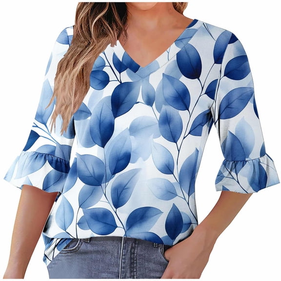 successthop Dressy Blouses for Women 3/4 Sleeves Clothes Lightweight V Neck Pullover Shirts Floral Trendy Tops