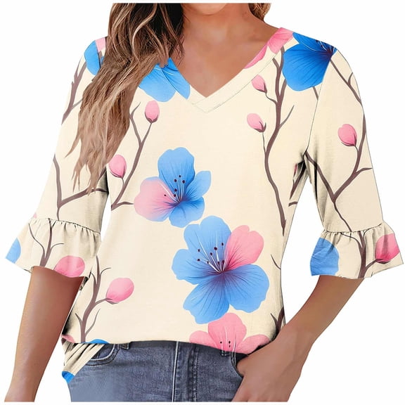 successthop Dressy Blouses for Women 3/4 Sleeves Clothes Lightweight V Neck Pullover Shirts Floral Trendy Tops