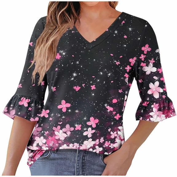 successthop Dressy Blouses for Women 3/4 Sleeves Clothes Lightweight V Neck Pullover Shirts Floral Trendy Tops