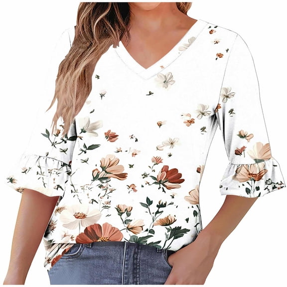 successthop Dressy Blouses for Women 3/4 Sleeves Clothes Lightweight V Neck Pullover Shirts Floral Trendy Tops