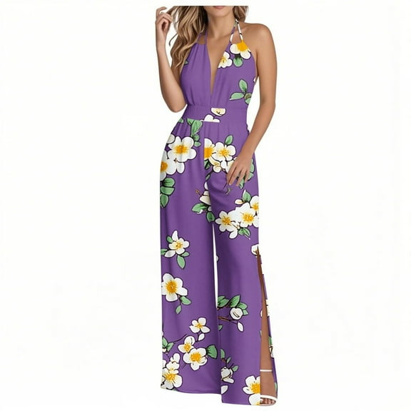 successthop Dressy Jumpsuits for Women Wedding Guest Loose V Neck One Piece Tie Back Elastic Wide Leg Floral Lounge Wear
