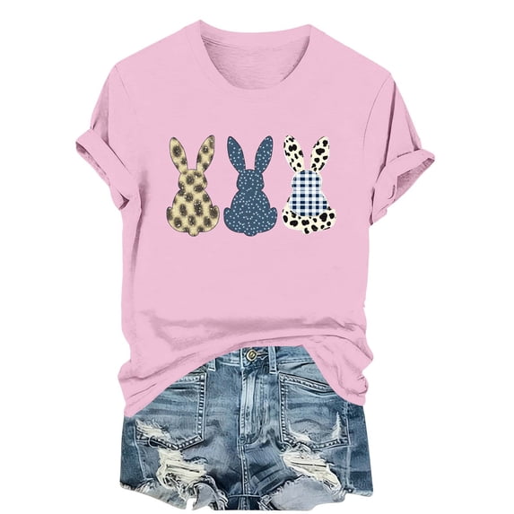 successthop Easter Clothes Women Bunny Casual Short Sleeve Vacation T Shirt Crewneck Top Summer Holiday Clothes Pink M