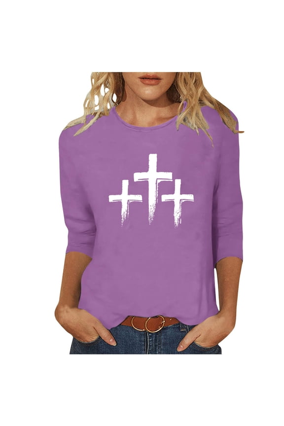 Easter Clothes Women Cross Print Casual 3/4 Sleeve Holiday T Shirt Crewneck Tops Summer Vacation Clothes XL