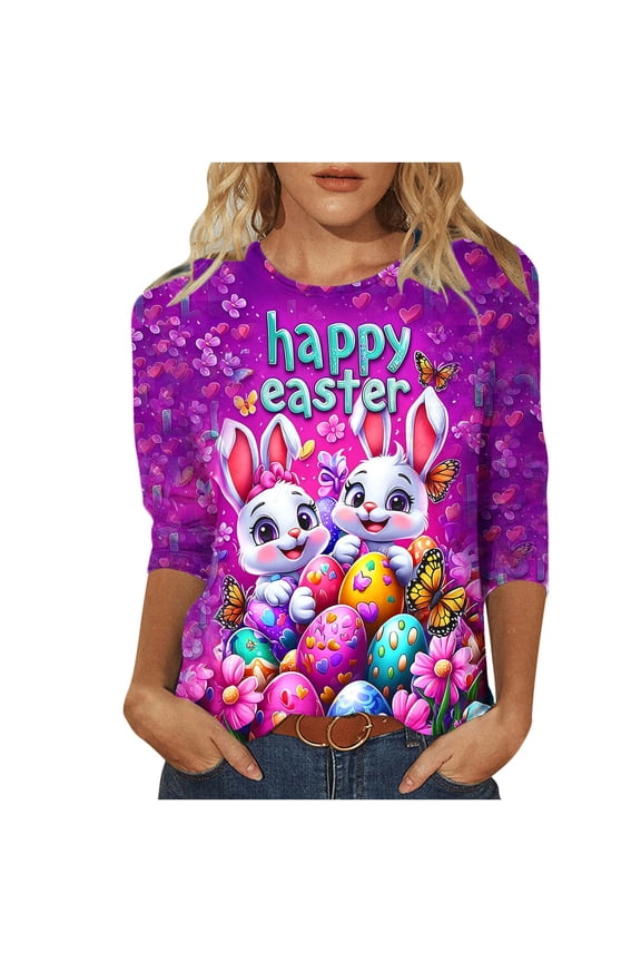 Easter Clothes Women Happy Easter Casual 3/4 Sleeve Vacation Shirt Crewneck Top Loose Summer Beach Clothes XL