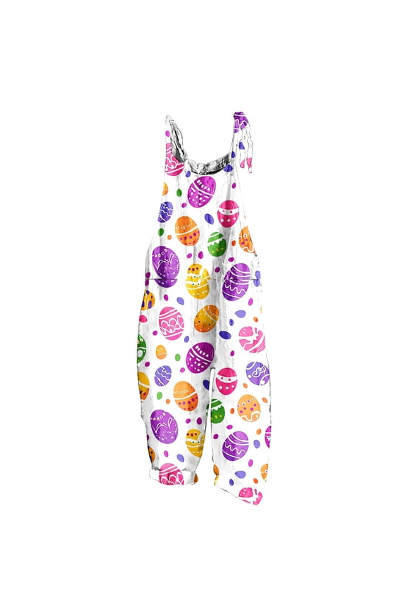 Easter Jumpsuit Women Sleeveless One Piece Wide Leg Ruffle Outfits Print Baggy Clothes with Pockets White L