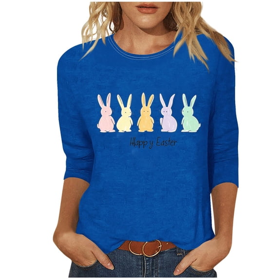 successthop Easter Outfit for Women Bunny Holiday Loose Party Shirt 3/4 Sleeve Vacation Clothes Festival Tops Blue