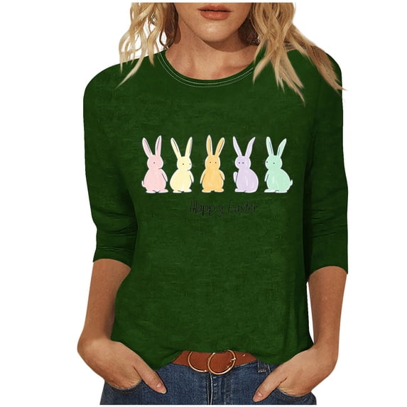 successthop Easter Outfit for Women Bunny Holiday Loose Party Shirt 3/4 Sleeve Vacation Clothes Festival Tops Green