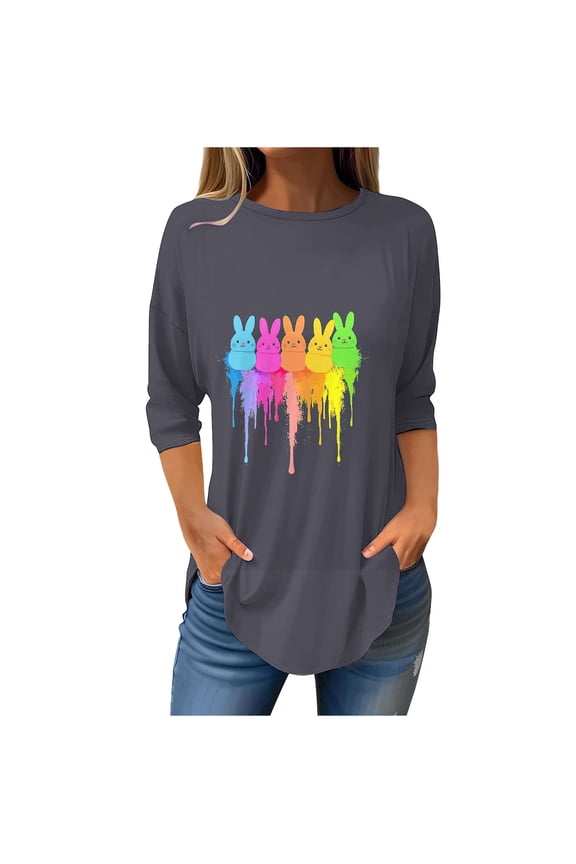 Easter Shirts Ladies Large Bunny Vacation Plus Clothes 3/4 Sleeve Holiday Blouse Festival Tunic Tops S