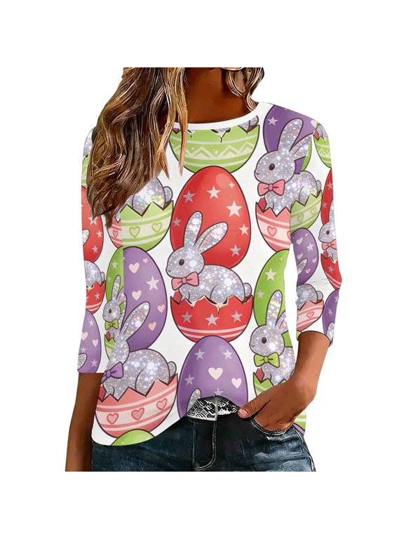 Easter Shirts Ladies Large Egg Bunny Vacation Plus Holiday Tops 3/4 Sleeve Party Blouse Festival Clothes