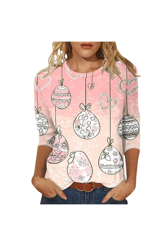Easter Shirts Ladies Large Egg Party Plus Size Vacation Tops 3/4 Sleeve Holiday Blouse Festival Clothes