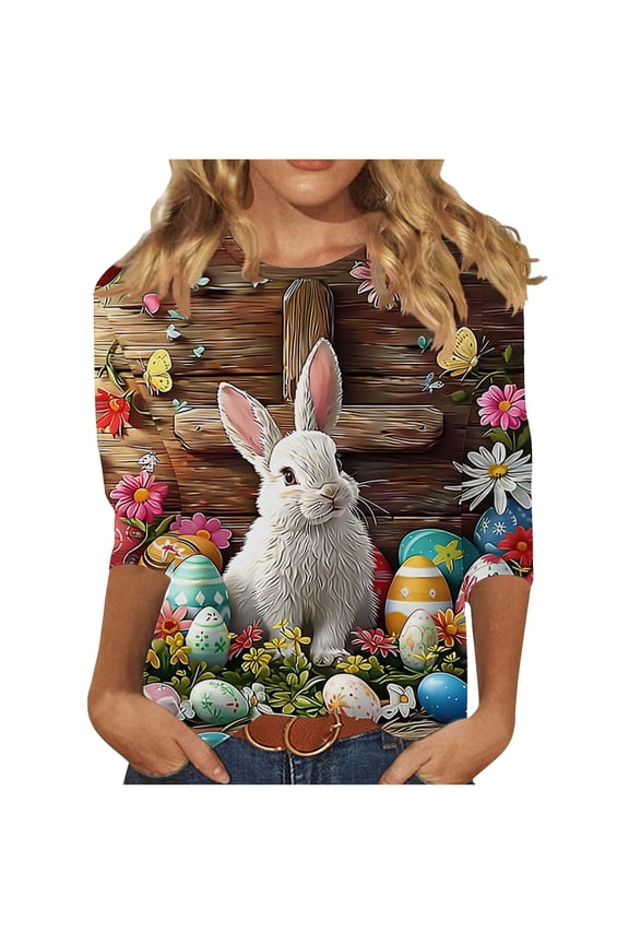Easter Shirts Women Bunny Vacation Plus Size Festival Clothes 3/4 Sleeve Party Tops Holiday Blouse White