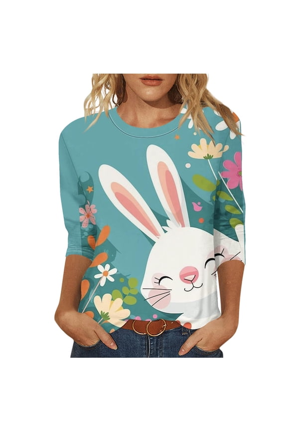 Easter Shirts Women Plus Size Bunny Party Holiday Clothes 3/4 Sleeve Festival Tops Vacation Blouse Green