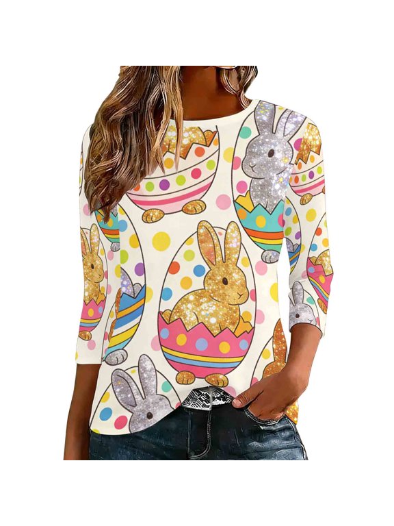 Easter Shirts Women Plus Size Egg Bunny Party Vacation Clothes 3/4 Sleeve Holiday Tops Festival Blouse