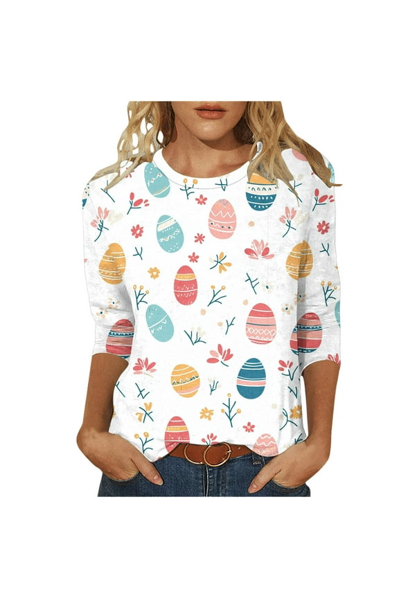 Easter Shirts Women Plus Size Egg Festival Loose Vacation Clothes 3/4 Sleeve Party Tops Holiday Blouse
