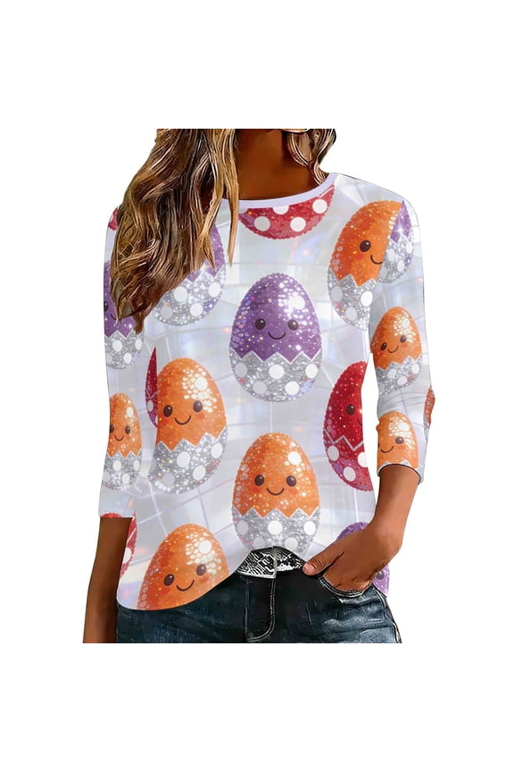 Easter Shirts Women Plus Size Egg Vacation Party Clothes 3/4 Sleeve Festival Blouse Holiday Top White XL