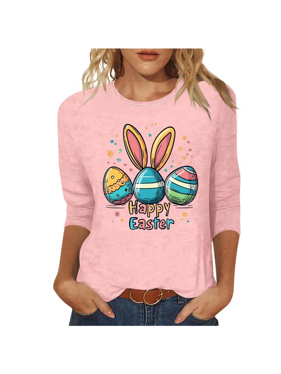 Easter Shirts for Women 3/4 Sleeve Bunny Egg Holiday Plus Vacation Clothes Festival Tops Party Blouse M