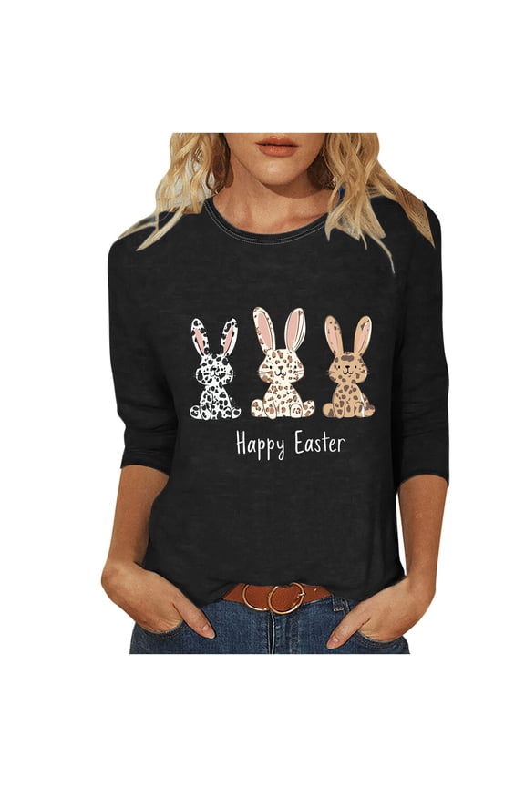 Easter Shirts for Women 3/4 Sleeve Bunny Holiday Crewneck Festival Tops Vacation Clothes Party Blouse XL