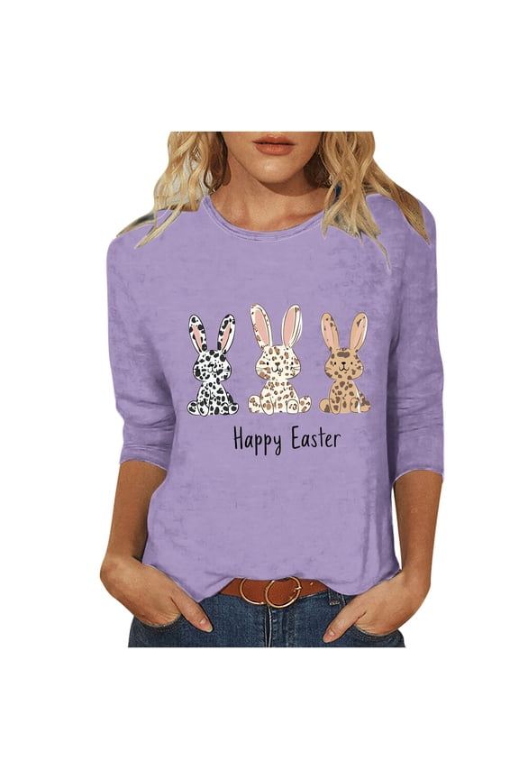 Easter Shirts for Women 3/4 Sleeve Bunny Holiday Crewneck Festival Tops Vacation Clothes Party Blouse