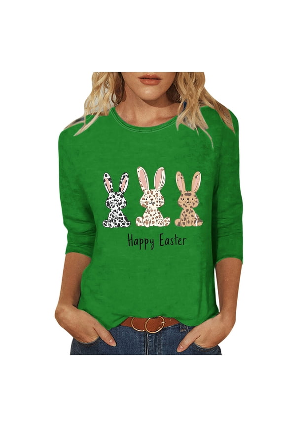 Easter Shirts for Women 3/4 Sleeve Bunny Holiday Crewneck Festival Tops Vacation Clothes Party Blouse
