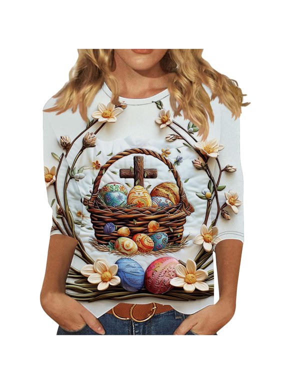 Easter Shirts for Women 3/4 Sleeve Bunny Holiday Plus Size Festival Tops Party Blouse Vacation Clothes S