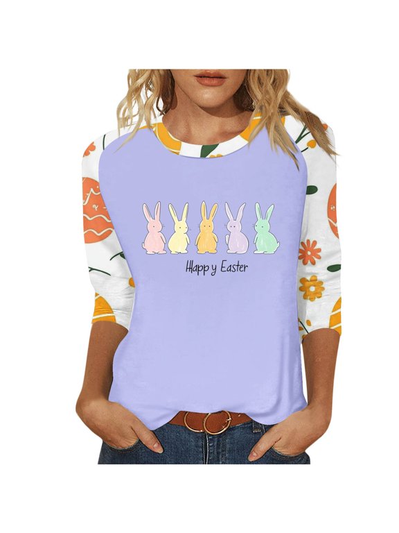 Easter Shirts for Women 3/4 Sleeve Bunny Vacation Plus Size Holiday Tops Festival Clothes Party Blouse S