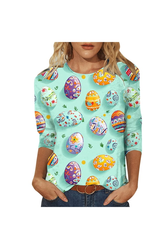 Easter Shirts for Women 3/4 Sleeve Egg Holiday Party Blouse Lightweight Vacation Clothes Festival Tops