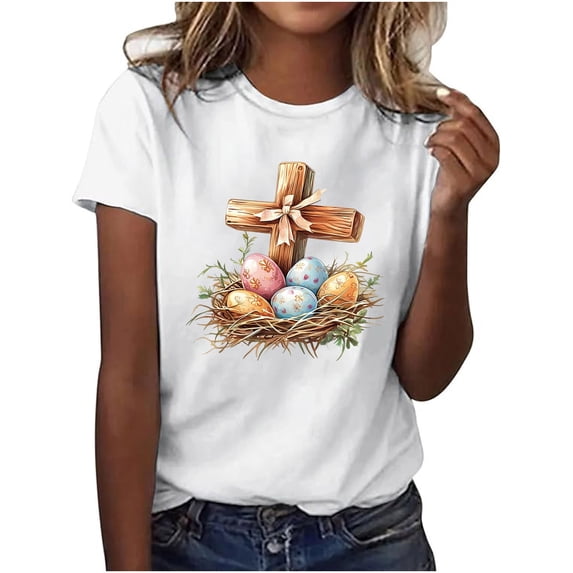 successthop Easter Shirts for Women Bunny Casual Short Sleeve Holiday T Shirts Crewneck Shirts Spring Vacation Top S