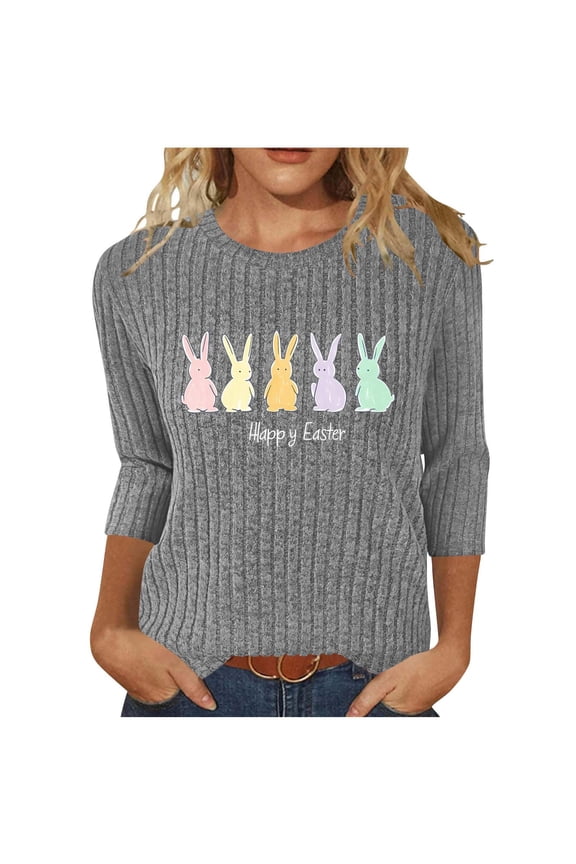 Easter Shirts for Women Bunny Ribbed Casual 3/4 Sleeve Beach T Shirts Crewneck Tops Spring Holiday Clothes 2XL