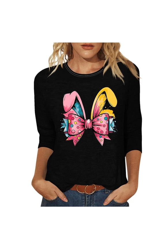 Easter Shirts for Women Plus Bunny Bow Holiday Party Tops 3/4 Sleeve Vacation Clothes Festival Blouse XL