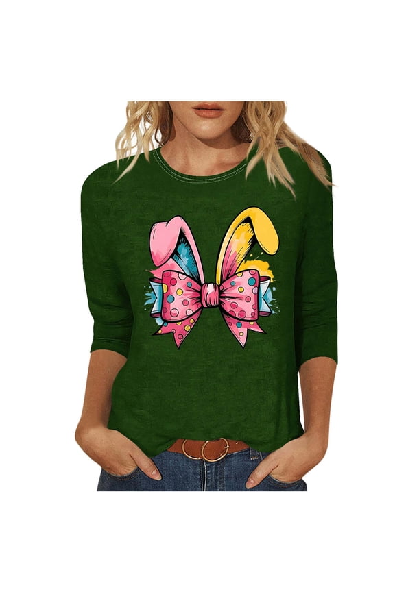 Easter Shirts for Women Plus Bunny Bow Holiday Party Tops 3/4 Sleeve Vacation Clothes Festival Blouse