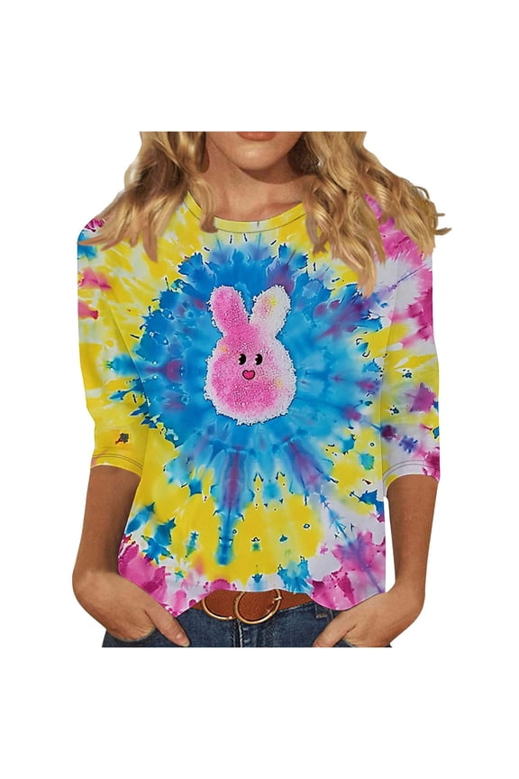 Easter Shirts for Women Plus Bunny Party Vacation Tops 3/4 Sleeve Festival Blouse Holiday Clothes White