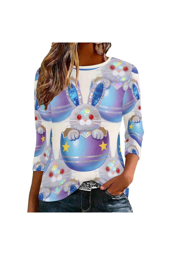 Easter Shirts for Women Plus Egg Bunny Vacation Party Clothes 3/4 Sleeve Holiday Blouse Festival Top L