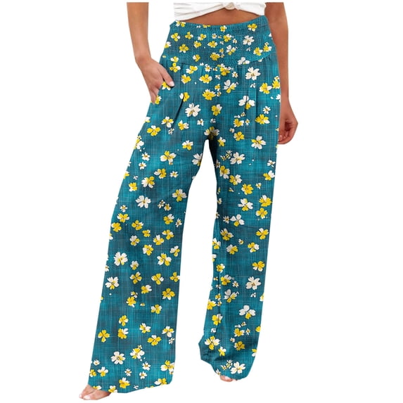 successthop Elastic Waist Pants for Women with Pockets High Waist Trousers Straight Ruffle Outfits Floral Baggy Slacks M